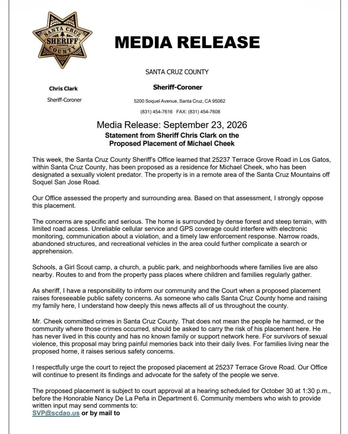 Santa Cruz County Sheriff's media release, September 23, 2026, page 1.